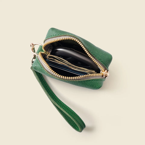 Compact Green Full-Grain Napa Leather Mini Wristlet Bag 4x3 Inch – Coin Purse with Detachable Strap | Made in USA CASUPO  Zipper Wallet