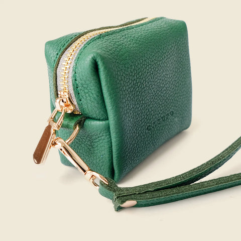 Compact Green Full-Grain Napa Leather Mini Wristlet Bag 4x3 Inch – Coin Purse with Detachable Strap | Made in USA CASUPO  Zipper Wallet