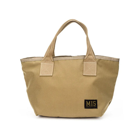 The MIS Mini Tote Bag in Coyote Tan is made of durable Cordura Nylon, features sturdy handles and a black patch with yellow MIS lettering near the bottom right. Made in the USA, its photographed against a plain white background.