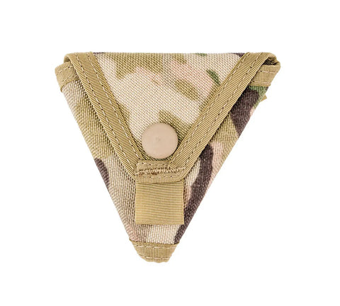 The MIS Coin Case - Multi Cam is a triangular pouch made from durable Dupont Cordura Nylon with a beige snap button, featuring a camouflage pattern, ideal for outdoor or tactical use.