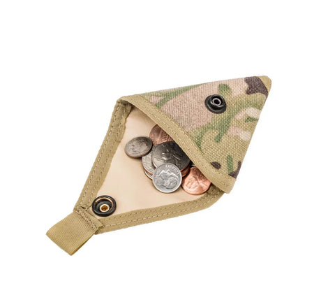 The MIS Coin Case - Multi Cam is a triangular, camo-patterned pouch made in the USA from heavy-duty nylon webbing with a snap closure. It’s partially open, showing assorted U.S. coins inside and is set against a white background.