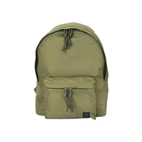 The MIS Daypack S - Olive is a durable, water-resistant packcloth nylon backpack featuring a front zippered pocket, main compartment with dual zipper pulls, and a small black label on the lower right front pocket.