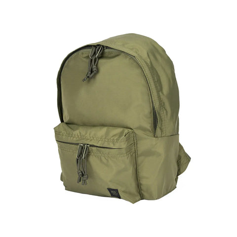 The MIS Daypack S - Olive is a water-resistant packcloth nylon backpack with a front zip pocket, main compartment, and a simple black tag at the bottom. It stands upright on a white background.