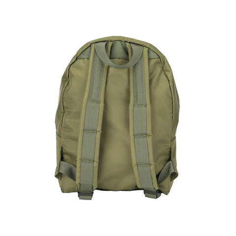 The MIS Daypack S in olive is shown from the back against a white background, featuring padded shoulder straps and a top handle.
