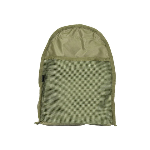 The MIS Daypack S in olive is a khaki green rectangular pouch made from packcloth nylon, featuring a zippered top and mesh front pocket, displayed against a white background.