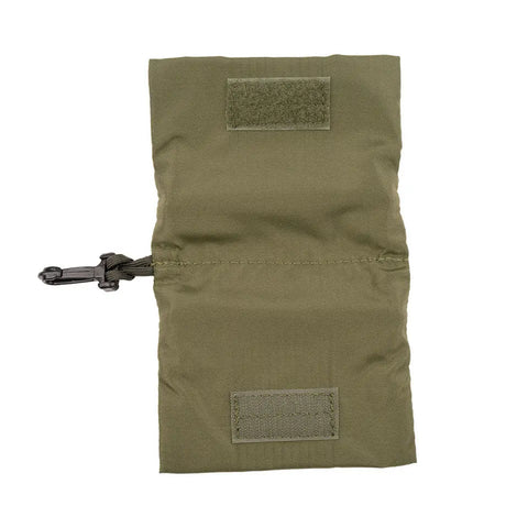 The MIS W Small Pouch - Olive is a water-resistant nylon pouch featuring two rectangular Velcro patches and a small plastic buckle on the left side, shown laid flat on a white background.