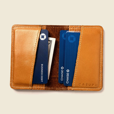 Compact RFID Bifold Wallet 4x3 Inch Tan Leather – Handmade in USA CASUPO  Small Bifold