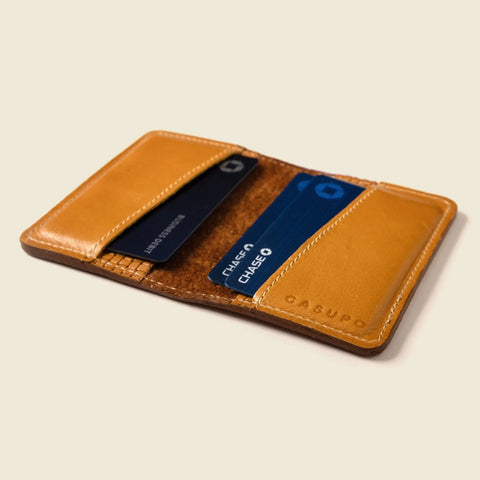 Compact RFID Bifold Wallet 4x3 Inch Tan Leather – Handmade in USA CASUPO  Small Bifold
