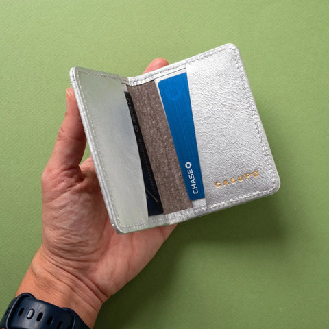 Compact RFID Bifold Wallet - 4x3 Inches | Silver Leather Handmade in USA CASUPO  Small Bifold