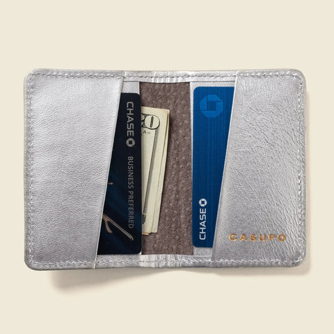 Compact RFID Bifold Wallet - 4x3 Inches | Silver Leather Handmade in USA CASUPO  Small Bifold