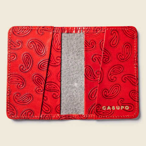 Compact Red Paisley Wallet – Full Grain Leather 4 Inch – Made in USA CASUPO  Small Bifold