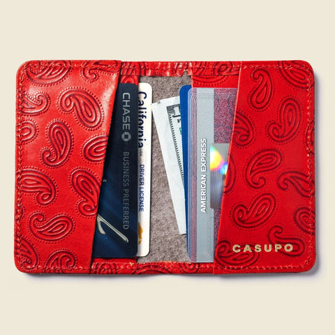 Compact Red Paisley Wallet – Full Grain Leather 4 Inch – Made in USA CASUPO  Small Bifold