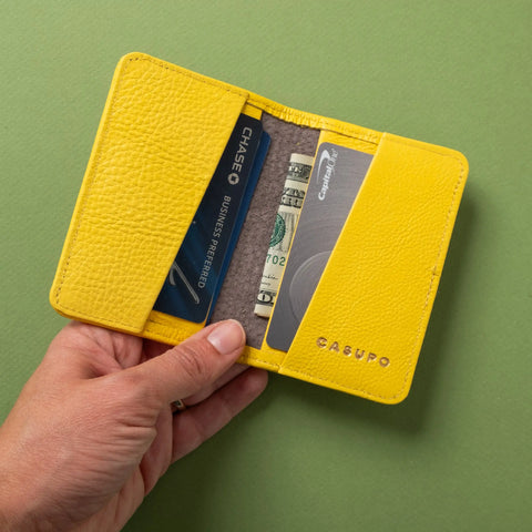 Compact Sunny Yellow 4 Pocket RFID Leather Wallet 4 1/8 Inch | Handmade in USA CASUPO  Small Bifold