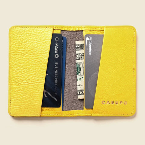 Compact Sunny Yellow 4 Pocket RFID Leather Wallet 4 1/8 Inch | Handmade in USA CASUPO  Small Bifold