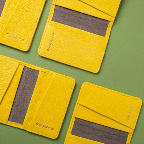 Compact Sunny Yellow 4 Pocket RFID Leather Wallet 4 1/8 Inch | Handmade in USA CASUPO  Small Bifold