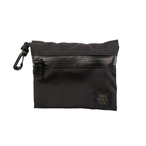 The MIS W Small Pouch - Black is a compact, water-resistant nylon pouch with a front pocket, side carabiner, durable YKK Aquaguard zipper, and a green MIS MADE IN U.S.A. tag.