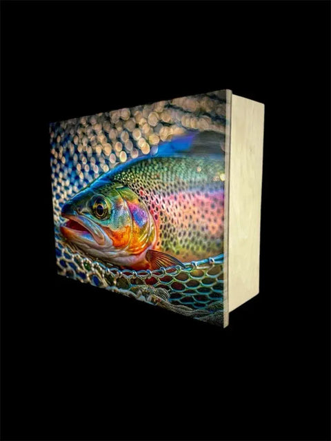 The B. James Design & Woodwork Regular Size Concealment Cabinet features a vibrant, lifelike image of a rainbow trout in a fishing net set against a black background.