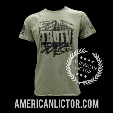 The T-Shirt: Conspiracy-Truth by American Lictor features TRUTH in bold, encircled by CONSPIRACY THEORY, inspired by MK Ultra, with an American flag on the sleeve and AMERICANLICTOR.COM below.
