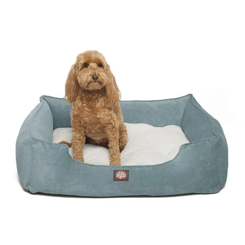 A curly-haired brown dog sits in a soft, light blue Majestic Pet Villa Contemporary Lounge Bed with a white cushion, looking slightly to the side.