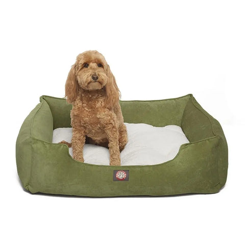 A small brown dog with curly fur sits in the Majestic Pet Villa Contemporary Lounge Bed, which features a soft white cushion, and looks slightly to the side.