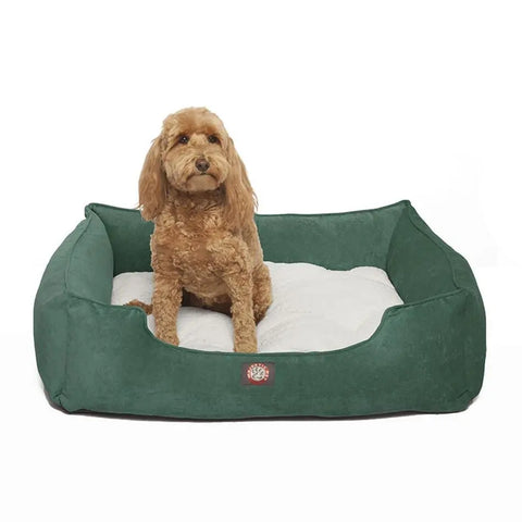 A small, curly-haired brown dog sits in the Villa Contemporary Lounge Bed by Majestic Pet, featuring a white cushion and looking slightly to the side.