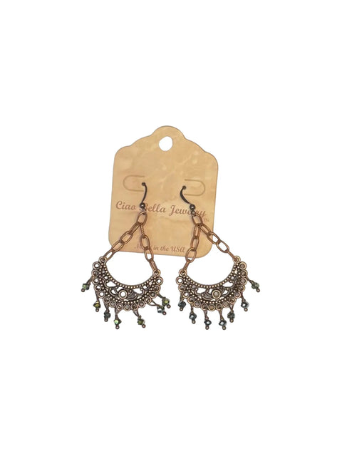 Copper Crescent Chandelier Earrings With Green Crystal Drops – Boho Style | Made in USA Jewelry Michelle Marie Boutique  Earrings