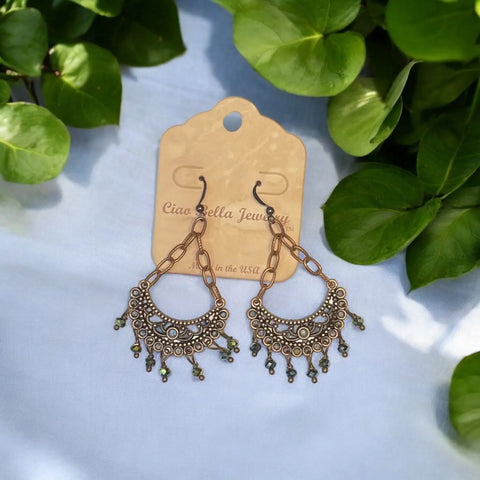 Copper Crescent Chandelier Earrings With Green Crystals: Boho Chic Michelle Marie Boutique  Earrings