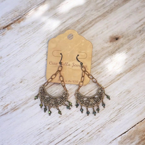 Copper Crescent Chandelier Earrings With Green Crystals: Boho Chic Michelle Marie Boutique  Earrings