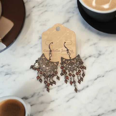Copper Filigree Chandelier Earrings With Red Poppy Jasper Beads – Handmade Jewelry Accent | Made in USA Michelle Marie Boutique  Earrings