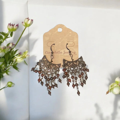Copper Filigree Chandelier Earrings With Red Poppy Jasper Beads – Handmade Jewelry Accent | Made in USA Michelle Marie Boutique  Earrings