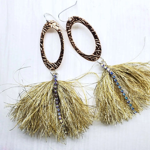 Copper Oval Embossed Tassel Earrings 4 Inch with Gold Thread & Swarovski Crystals – Alexa Martha Designs | Made in USA Alexa Martha Designs  Earrings