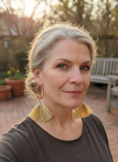 Copper Oval Embossed Tassel Earrings 4 Inch with Gold Thread & Swarovski Crystals – Alexa Martha Designs | Made in USA Alexa Martha Designs  Earrings