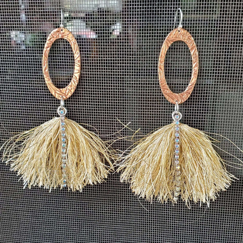 Copper Oval Embossed Tassel Earrings 4 Inch with Gold Thread & Swarovski Crystals – Alexa Martha Designs | Made in USA Alexa Martha Designs  Earrings