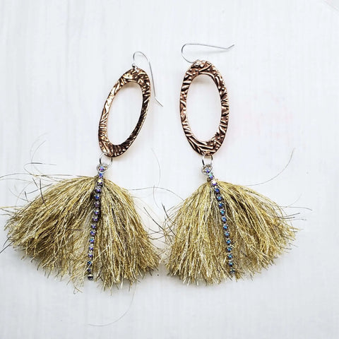 Copper Oval Embossed Tassel Earrings 4 Inch with Gold Thread & Swarovski Crystals – Alexa Martha Designs | Made in USA Alexa Martha Designs  Earrings