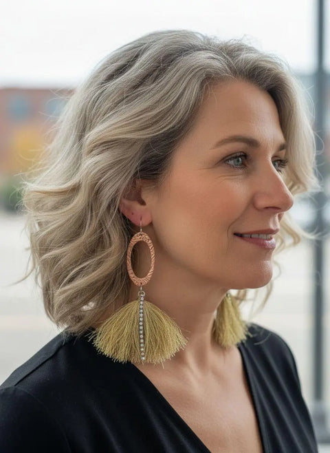 Copper Oval Embossed Tassel Earrings 4 Inch with Gold Thread & Swarovski Crystals – Alexa Martha Designs | Made in USA Alexa Martha Designs  Earrings