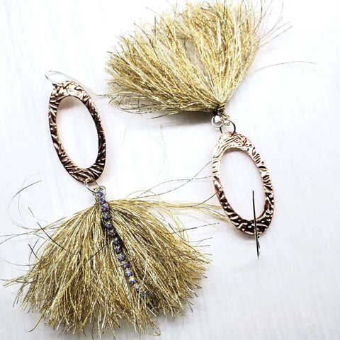 Copper Oval Embossed Tassel Earrings 4 Inch with Gold Thread & Swarovski Crystals – Alexa Martha Designs | Made in USA Alexa Martha Designs  Earrings