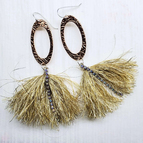 Copper Oval Embossed Tassel Earrings 4 Inch with Gold Thread & Swarovski Crystals – Alexa Martha Designs | Made in USA Alexa Martha Designs  Earrings