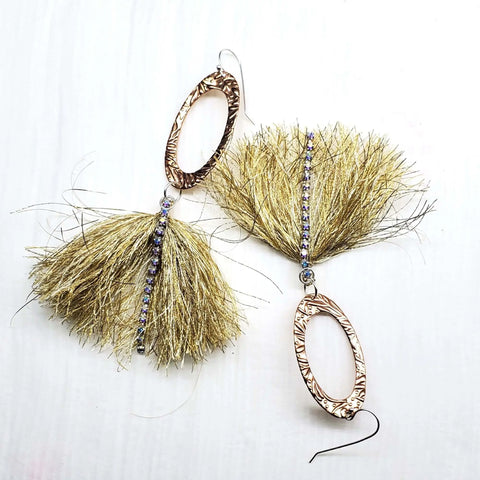 Copper Oval Embossed Tassel Earrings 4 Inch with Gold Thread & Swarovski Crystals – Alexa Martha Designs | Made in USA Alexa Martha Designs  Earrings