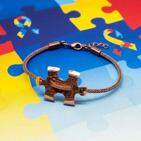 Copper Puzzle Piece Button Viking Knit Autism Awareness Bracelet Alexa Martha Designs  Bracelet