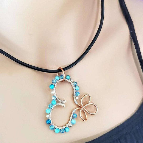 Copper Turquoise Wire Sculpted Heart Necklace