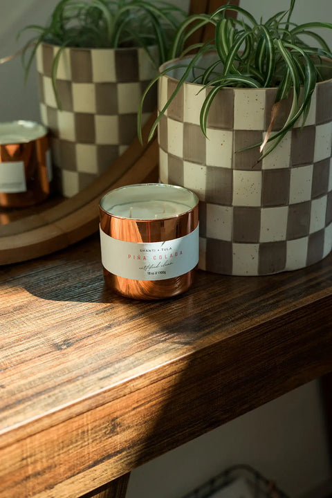 A Shanti + Tula Copper Vessel 3-Wick Soy Candle, clean-burning and USA-made, sits on a wooden table beside a planter with a spider plant; both are reflected in the mirror behind them.
