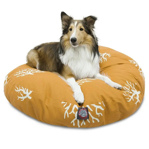 A collie lies on the Majestic Pet Coral Round Dog Bed, which features a white coral pattern, a small front logo tag, and a removable cover for easy cleaning.