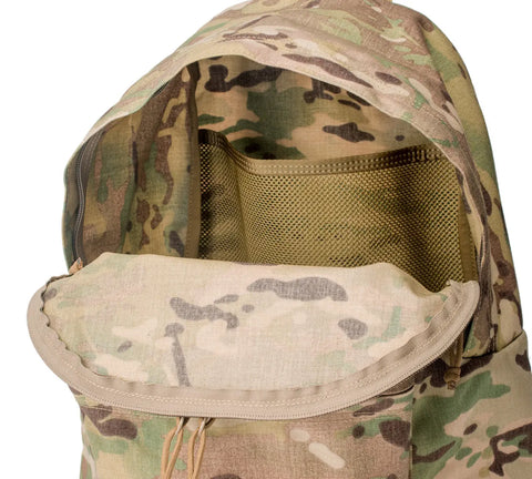 The MIS Daypack Cordura - Multi Cam is a water-resistant backpack in camouflage Cordura Nylon, featuring an open top flap and inner mesh pocket. Shades of brown, green, and tan make it perfect for military or outdoor use.