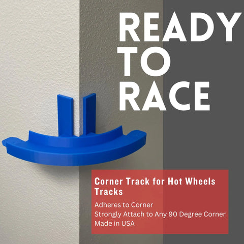 A blue Chatelet Manufacturing Corner Wall Mount Track, compatible with Hot Wheels, mounts to a 90° wall corner with removable adhesive. Made in the USA. Large text: READY TO RACE! Perfect for racing adventures!.