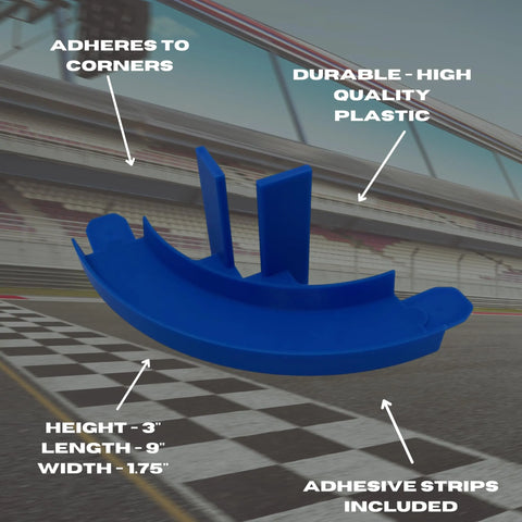 Chatelet Manufacturing’s Corner Wall Mount Track, compatible with Hot Wheels, features a 90° blue curved design with removable adhesive for easy wall mounting—made in the USA—ideal for adding strong corner turns to your racing adventure.