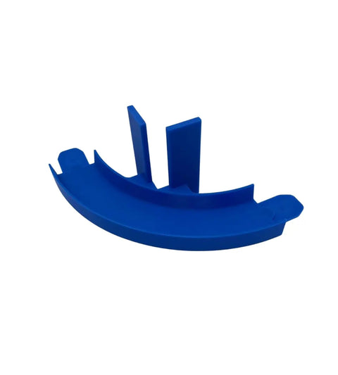 The Chatelet Manufacturing Corner Wall Mount Track features a 90-degree blue plastic curve with three vertical partitions and notched ends. Hot Wheels compatible, includes removable adhesive for wall mounting. Made in USA. Photographed on white background.