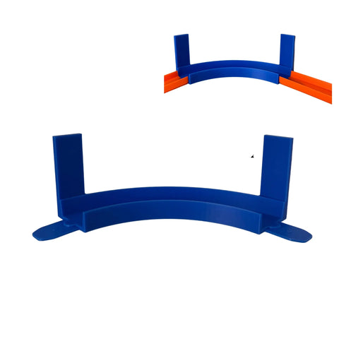 The Chatelet Manufacturing Corner Wall Mount Track is a blue plastic, 90-degree Hot Wheels-compatible connector with vertical supports, shown alone and in use with orange tracks for thrilling wall-mounted racing action. Made in USA.
