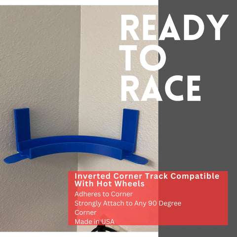 The Chatelet Manufacturing Corner Wall Mount Track, compatible with Hot Wheels, features a 90-degree turn and removable adhesive for easy wall mounting. Made in USA. Text: READY TO RACE. Strongly Attaches. Hot Wheels Compatible.