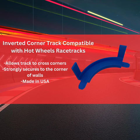 A blue Chatelet Manufacturing Corner Wall Mount Track for Hot Wheels is displayed on a neon racetrack. Features include 90° turns, strong removable adhesive, corner-crossing design, and durable construction made in the USA.