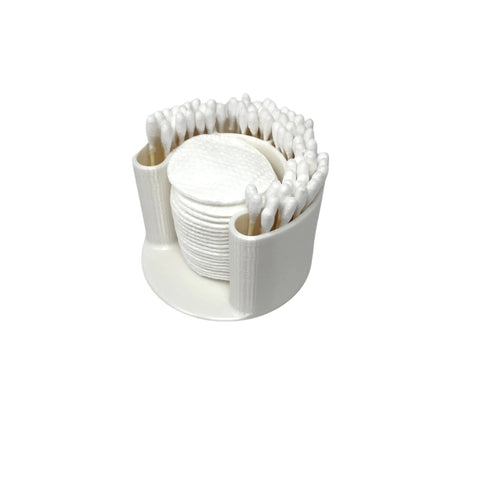 The Chatelet Manufacturing Cotton Swab Bathroom Organizer features a clean white finish with a central holder for cotton pads and vertical compartments for Qtips and swabs—perfect for convenient access to bathroom essentials.